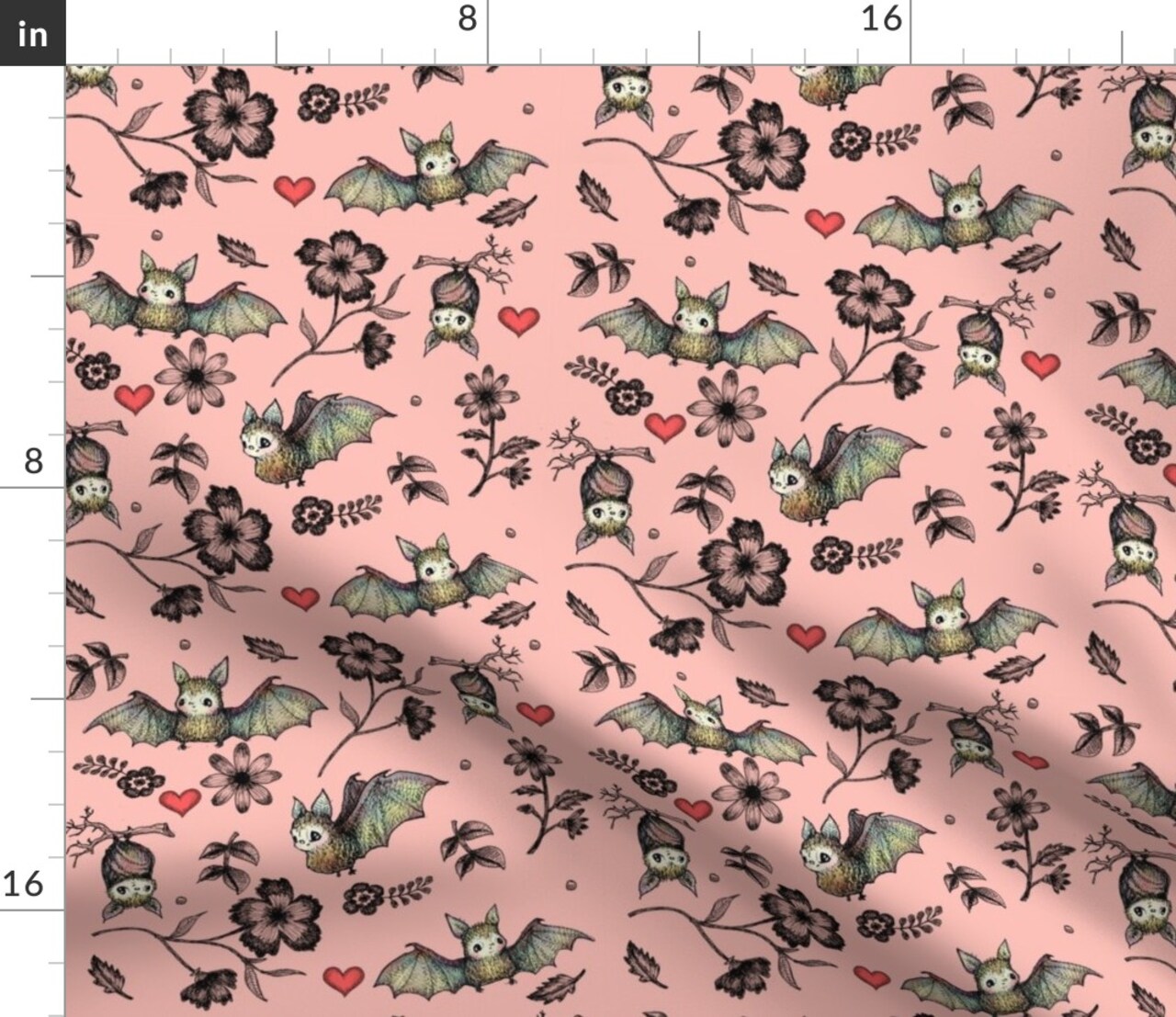Hearts Bat Bats Flowers Halloween Wildlife Floral Pink Nature Red Background Custom Printed Fabric by Spoonflower Various Fabrics by the Yard or Fat Quarter